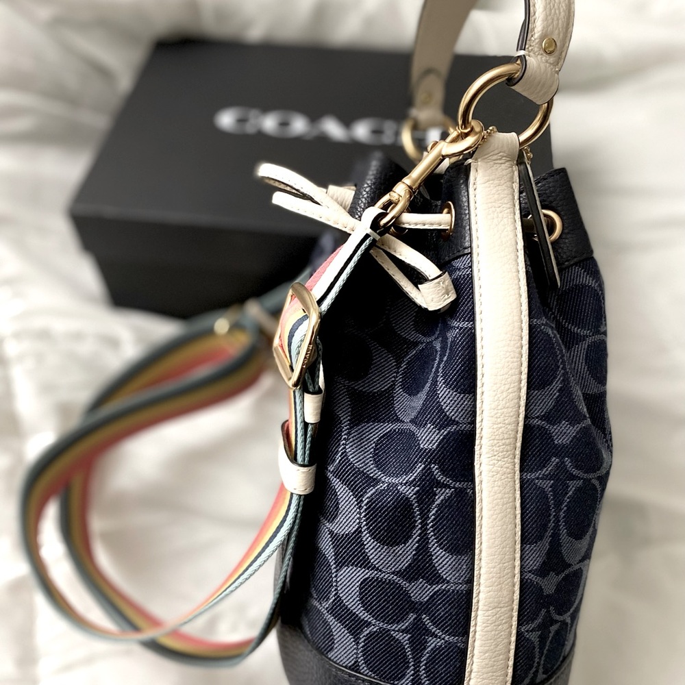 Coach Navy Blue Bucket Bag with Rainbow Strap - Picture 9 of 13